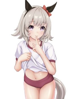  1girl animal_ears black_hairband blush bow breasts buruma closed_mouth clothes_lift commentary_request curren_chan_(umamusume) ear_bow ear_covers finger_to_mouth grey_hair gym_shirt hair_between_eyes hairband horse_ears horse_girl horse_tail looking_at_viewer midriff naruruka0805 navel purple_eyes red_bow red_buruma shirt shirt_lift short_hair short_sleeves simple_background smile solo tail tracen_training_uniform umamusume white_background white_shirt 