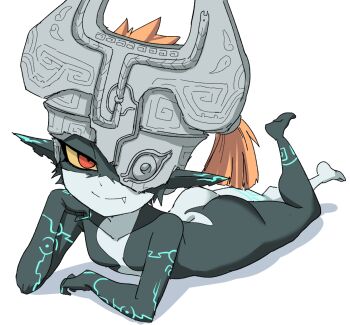  1girl ass black_skin colored_sclera colored_skin commentary_request fang helmet looking_at_viewer lying midna multicolored_skin nasu_(ilo_a5) nintendo on_stomach one_eye_covered orange_hair pointy_ears red_eyes sketch smile solo the_legend_of_zelda the_legend_of_zelda:_twilight_princess two-tone_skin yellow_sclera  rating:Sensitive score:18 user:danbooru