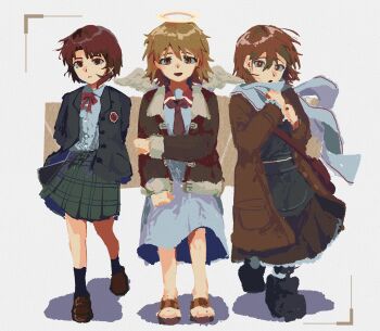  3girls :d :o absurdres angel angel_wings apron asya_shubina black_apron black_jacket black_socks blazer brown_dress brown_hair brown_shoes coat collared_shirt commentary dress dress_shirt feathertail0704 green_skirt haibane_renmei hair_ornament halo highres iwakura_lain jacket looking_at_viewer medium_dress miniskirt multiple_girls neck_ribbon necktie open_mouth plaid_clothes plaid_skirt pleated_skirt rakka_(haibane_renmei) red_necktie red_ribbon ribbon scarf school_uniform serial_experiments_lain shirt shoes short_hair short_necktie single_sidelock skirt smile socks soviet_school_uniform untranslatable_commentary white_dress white_scarf white_shirt wings winter_clothes winter_coat x_hair_ornament z.a.t.o._//_i_love_the_world_and_everything_in_it 
