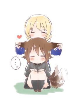 2girls animal_ears black_skirt black_socks blonde_hair blue_skirt blue_sweater blush braid brown_hair closed_eyes commentary_request darjeeling_(girls_und_panzer) girls_und_panzer grabbing_another's_ear grey_shirt hand_on_another's_ear haramaki_a heart kneehighs kuromorimine_school_uniform loafers long_hair long_sleeves multiple_girls nape_braid nishizumi_maho pleated_skirt school_uniform shirt shoes short_hair simple_background sitting skirt smile socks speech_bubble st._gloriana's_school_uniform sweater tail twin_braids white_background wolf_girl wolf_tail 