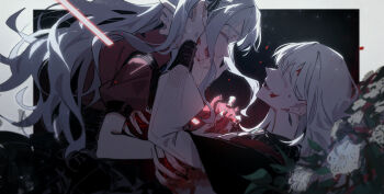  2girls backlighting bang_dream! bang_dream!_it's_mygo!!!!! black_skirt blood blood_on_face blood_on_hands blue_hair closed_eyes commentary_request earrings fang flower from_side green_hair guro hands_on_another's_face heart_(organ) highres holding holding_heart_(organ) jewelry long_hair lying mortis_(bang_dream!) multiple_girls oblivionis_(bang_dream!) on_back open_mouth red_shirt ribs shirt skirt smile togawa_sakiko upper_body wakaba_mutsumi white_shirt winehusk 