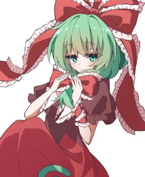  1girl bow dress front_ponytail green_eyes green_hair highres ishijogahara kagiyama_hina looking_at_viewer puffy_short_sleeves puffy_sleeves red_bow red_dress red_ribbon ribbon short_sleeves simple_background smile solo touhou white_background 