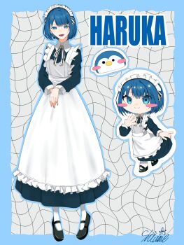  1girl :d absurdres alternate_costume apron bird black_dress blue_border blue_eyes blue_hair blush blush_stickers bob_cut border breasts character_name chibi closed_mouth clover_brooch collared_dress commentary dress earrings enmaided frilled_apron frills full_body grid_background highres jewelry kiritani_haruka long_dress long_sleeves looking_at_viewer maid maid_apron maid_headdress mary_janes multiple_views neck_ribbon open_mouth outside_border penguin project_sekai ribbon shiume_08 shoes short_hair sidelocks signature small_breasts smile socks standing striped_ribbon teeth upper_teeth_only white_apron white_headdress white_ribbon white_socks 