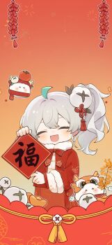  1girl :d absurdres ahoge alternate_costume antenna_hair chinese_clothes chinese_knot chinese_new_year closed_eyes commentary_request cotton_(plant) doll firecrackers food fruit green_hair hair_between_eyes hair_ornament highres holding long_hair long_sleeves open_mouth persimmon quanmian_shidai side_ponytail smile solo wen_xiaomian wenxiaomian_family white_hair yuanbao 