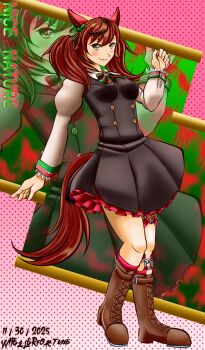  1girl animal_ears bad_tag black_dress boots breasts brown_boots dress grey_eyes highres horse_ears horse_girl horse_tail long_sleeves looking_at_viewer medium_breasts nice_nature_(umamusume) red_hair self-upload standing tail thighs umamusume wheelerfortune 