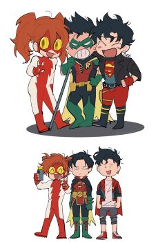 1girl 5boys bart_allen bodysuit conner_kent damian_wayne dc_comics fingerless_gloves gloves hokkemaruyaki irey_west jon_kent looking_at_viewer multiple_boys simple_background tim_drake twitter v white_background