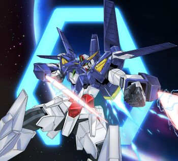  charley_heisei commentary_request dual_wielding electricity energy_sword green_eyes gundam gundam_age gundam_age-3 highres holding humanoid_robot mecha mobile_suit no_humans robot science_fiction solo space sword v-fin weapon 