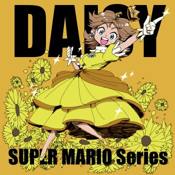  1girl bare_legs blue_eyes brown_hair character_name commentary_request copyright_name crown dress earrings flower full_body gloves happy highres jewelry looking_at_viewer mario_(series) moriseishiro_(uroshiiserimo) nintendo pointing princess_daisy puffy_short_sleeves puffy_sleeves shoes short_sleeves simple_background smile sparkle standing standing_on_one_leg sunflower teeth upper_teeth_only white_gloves yellow_background yellow_dress yellow_shoes 