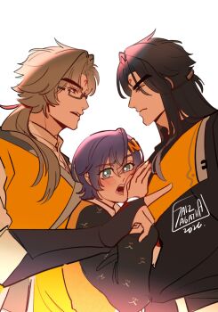  1girl 2026 2boys 7aizagatha artist_name belle_(delicate_sunlight)_(zenless_zone_zero) belle_(zenless_zone_zero) black_hair black_jacket blue_eyes blue_hair blush boy_sandwich brown_hair chinese_clothes closed_mouth commentary dated dress dress_over_shirt dual_persona english_commentary eye_contact facial_mark forehead_mark from_side glasses hair_between_eyes hair_ornament hand_on_another's_chest highres jacket letter_hair_ornament long_hair looking_at_another multiple_boys official_alternate_costume open_mouth orange_dress orange_vest red_eyes sandwiched short_hair simple_background vest white_background ye_shiyuan zenless_zone_zero 