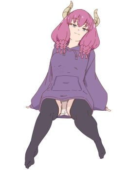 1girl aura_(sousou_no_frieren) black_thighhighs bluearcadegames demon_horns hood hoodie horns invisible_chair leaning_back looking_at_viewer no_pants no_shoes panties pantyshot purple_hoodie simple_background sitting sousou_no_frieren swinging_legs thighhighs toes underwear white_background white_panties 