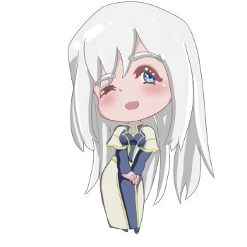  1girl ;d absurdres blue_dress blue_eyes blush breasts chibi commission commissioner_upload dress female_focus gold_trim highres long_hair long_sleeves looking_at_viewer nemezish official_art one_eye_closed open_mouth own_hands_together shibs simple_background smile solo tagme v_arms very_long_hair ways_of_darkness_(series) white_background white_dress white_hair wink  rating:General score:0 user:Metalhead33