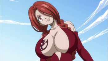  1girl blush breast_tattoo breasts chest_tattoo cleavage crying eyes_visible_through_hair fairy_tail female_focus flare_corona large_breasts long_hair looking_down red_eyes red_hair scar screencap solo tattoo tears third-party_edit  rating:Explicit score:54 user:roger_bender