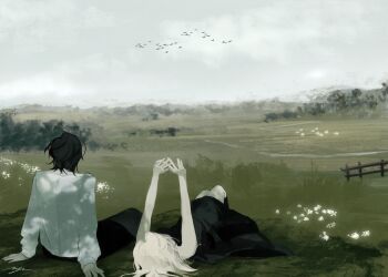  1boy 1girl arms_up black_dress black_hair chinese_commentary co6_3g commentary_request day dress field flock flower grass grey_sky highres lying on_back on_ground original outdoors shirt simple_bird sitting sky white_flower white_hair white_shirt 
