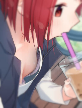 1girl bench blurry bra breast_focus breasts bubble_tea cleavage downblouse drink drinking drinking_straw holding holding_drink matching_hair/eyes original outdoors pink_bra red_eyes red_hair sho_bu_1116 short_hair sitting small_breasts solo underwear rating:Questionable score:132 user:Qwertyuiop999