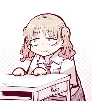  1girl :3 blonde_hair chibi closed_mouth collared_shirt desk earrings gradient_hair green_eyes gyaru halftone halftone_background highres jewelry kato_takuji mole mole_under_eye multicolored_hair necktie original pink_hair sanshita_gyaru_(kato_takuji) school_desk shirt short_sleeves skirt solo stud_earrings twintails two-tone_hair 