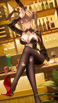  1girl absurdres aki_rinco alcohol animal_ear_hairband animal_ears arm_support arm_up bar_(place) black_bow black_bowtie black_leotard black_pantyhose black_shrug blush bottle bow bowtie breasts brown_hair champagne chinese_commentary cleavage commentary_request counter crossed_legs cup drinking_glass earrings fake_animal_ears hair_between_eyes hairband high_heels highres jewelry large_breasts legs leotard long_hair long_sleeves longyu_(17767756) looking_ahead nail_polish on_table one_side_up pantyhose parted_lips pink_nails plant playboy_bunny poker_chip project-sp rabbit_ear_hairband rabbit_ears red_wine second-party_source see-through_clothes see-through_leotard shelf shoe_soles shrug_(clothing) sideboob sidelocks single_ear_down sitting solo strapless strapless_leotard table thighs torn_clothes torn_pantyhose very_long_hair virtual_youtuber whiskey wine wine_bottle wine_glass yellow_eyes 