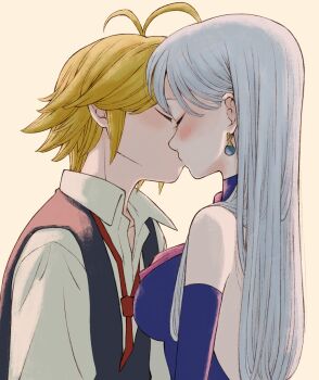  1boy 1girl antenna_hair black_vest blonde_hair blue_shirt blue_sleeves blush breasts closed_eyes collarbone collared_shirt commentary_request couple detached_sleeves earrings elizabeth_liones grey_shirt harumiya hetero highres jewelry kiss large_breasts long_hair long_sleeves meliodas nanatsu_no_taizai necktie red_necktie shirt short_hair simple_background sleeveless sleeveless_shirt straight_hair upper_body vest white_background white_hair wing_collar 