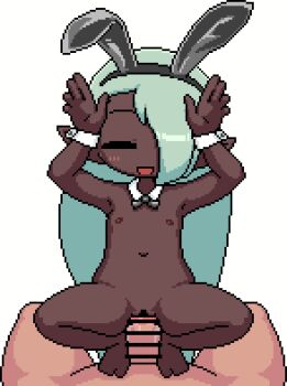 1boy 1girl akai_(ugokashitari) animal_ears animated animated_gif aqua_hair bar_censor blush censored commentary_request completely_nude cowgirl_position dark-skinned_female dark_elf dark_skin detached_collar elf erection fake_animal_ears flat_chest full_body girl_on_top hair_over_one_eye hetero just_the_tip loli long_hair looking_at_viewer nipples nude open_mouth original penis pixel_art pointy_ears pov pov_crotch pussy rabbit_ears rabbit_pose red_eyes sex size_difference smile solo_focus squatting_cowgirl_position straddling vaginal white_background wrist_cuffs rating:Explicit score:540 user:danbooru