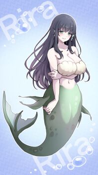  1girl air_bubble arm_across_waist arm_under_breasts bare_shoulders bikini black_hair blue_background blush breasts bubble character_name cleavage collarbone commentary_request english_text fins green_eyes green_tail hair_between_eyes hand_on_own_arm head_fins highres komena_(shinyday312) large_breasts long_hair long_sidelocks looking_at_viewer mermaid monster_girl navel original scales shell shell_bikini sidelocks smile swimsuit 