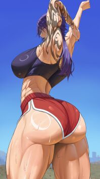  1girl abs absurdres armpits arms_up ass bare_shoulders breasts cowboy_shot dolphin_shorts from_behind from_below highres large_breasts muscular muscular_female original purple_eyes purple_hair purple_lips purple_tank_top rasipan red_shorts shorts shoulder_tattoo stretching sweat tank_top tattoo thick_thighs thighs 