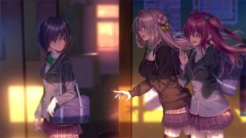  3girls bag black_thighhighs blazer bow breasts buttons classroom closed_eyes hair_ornament hanikami_kanojo highres hiiragi_sano hinoura_nanaka holding indoors jacket light_particles lips long_hair long_sleeves looking_back medium_breasts miyatsuki_yuna multiple_girls open_mouth piromizu plaid_clothes plaid_skirt pleated_skirt school_bag school_uniform shadow short_hair skirt small_breasts socks sunset thighhighs two_side_up walking window window_shadow zettai_ryouiki 