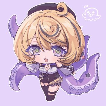  1girl accessories ankle_strap asymmetrical_shorts bare_shoulders big_head black_bow black_hat black_shoes blonde_hair bow breasts chibi chibi_only cleavage commentary detached_sleeves full_body garter_straps hair_between_eyes hat high-waist_shorts highres legs_together looking_at_viewer mole mole_under_mouth monster_girl notice_lines open_mouth purple_background purple_eyes ringed_eyes scylla shirt shoes short_hair shorts single_garter_strap single_thighhigh solo squid sticker suction_cups symbol-only_commentary tentacle_girl tentacle_tail tentacles thighhighs uq8ogapovn38885 white_shirt white_sleeves yidhari_murphy zenless_zone_zero 