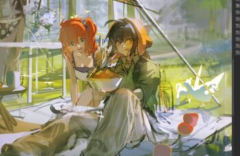  1girl 1other ahoge art_program_in_frame black_eyes black_hair commentary_request day drooling fate/grand_order fate_(series) food fujimaru_ritsuka_(female) grass haemooowo hair_ornament hair_scrunchie hat holding holding_food korean_commentary licking_lips medium_hair mouth_drool one_side_up open_mouth orange_eyes orange_hair outdoors pants scrunchie shirt sitting smile tongue tongue_out unfinished yamato_takeru_(fate) yamato_takeru_(over_the_same_sky)_(fate) 