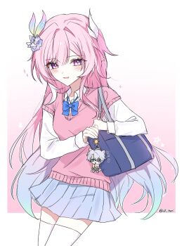  1girl alternate_costume aqua_hair bag blue_skirt cardigan cyrene_(demiurge)_(honkai:_star_rail) cyrene_(honkai:_star_rail) flower gradient_background hair_flower hair_ornament hashtag-only_commentary highres honkai:_star_rail honkai_(series) hsr_shiro long_hair looking_at_viewer multicolored_hair pink_cardigan pink_hair purple_eyes school_bag school_uniform shirt skirt solo twitter_username very_long_hair white_hair white_shirt 