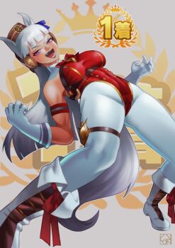  1girl animal_ears armband boots breasts evanleaves gloves gold_ship_(umamusume) highleg highleg_leotard highres horse_ears horse_girl horse_tail leaning_back leotard medium_breasts open_mouth pantyhose pillbox_hat purple_eyes red_armband red_leotard solo tail umamusume white_boots white_gloves white_hair white_pantyhose wryyyyyyyyyyyyyyyyyyyy 