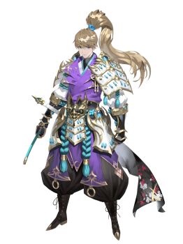  1boy 95_inner absurdres armor black_boots black_gauntlets black_pants blonde_hair blue_eyes boots closed_mouth commentary_request eyebrows_hidden_by_hair floral_print gold gold_trim high_ponytail highres hip_armor holding holding_sword holding_weapon japanese_armor japanese_clothes katana korean_commentary long_hair long_sleeves looking_at_viewer o-ring original pants ponytail puffy_pants puffy_sleeves purple_robe robe sheath sheathed shoulder_armor solo standing swept_bangs sword weapon white_armor white_background 