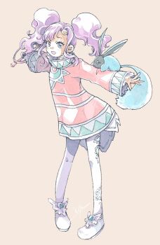  1girl bow brown_background coat creature creature_on_arm footwear_bow full_body highres long_hair meredy_(tales) michibata_65 open_mouth outstretched_arms pantyhose parted_bangs pink_hair purple_eyes quickie_(tales) red_coat shoes sidelocks smile tales_of_(series) tales_of_eternia twintails white_pantyhose white_shoes 