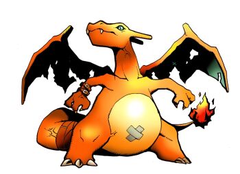  1other aqua_eyes belt_buckle bravefarm2 buckle charizard clawed_feet claws colored_skin commentary_request crossed_bandaids digimon dragon dragon_wings fire flame-tipped_tail gen_1_pokemon horns nintendo no_humans orange_skin parody pokemon pokemon_(creature) simple_background slit_pupils solo style_parody tail tail_belt torn_wings veins watanabe_kenji_(style) white_background wings wrist_belt 