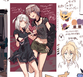  5girls :d arrow_(symbol) black_dress black_jacket black_shirt brown_hair chain chain_leash character_request chibi chibi_inset collared_dress commentary_request copyright_request d4dj dress elsie_(d4dj) green_skirt grin highres hinoshita_kaho holding holding_leash jacket jacket_partially_removed leash link!_like!_love_live! looking_at_viewer love_live! midriff miniskirt multiple_girls navel open_mouth otomune_kozue red_background shirt short_dress short_hair short_sleeves skirt smile standing teeth translation_request two_side_up upper_teeth_only v-shaped_eyebrows virtual_youtuber weronika_(d4dj) white_hair yellow_eyes yukitake_(bullfalk) 