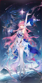  1girl absurdres aemeath_(wuthering_waves) arm_up armpits asymmetrical_footwear boots breasts commentary elbow_gloves exostrider_(wuthering_waves) full_body gloves guest_art hair_ornament highres holding holding_sword holding_weapon leotard long_hair looking_at_viewer medium_breasts orange_eyes parted_lips pink_hair ponytail qianqianjie rapier showgirl_skirt single_ankle_boot single_thigh_boot skirt solo space sword tacet_mark_(wuthering_waves) thigh_boots thighs uneven_footwear very_long_hair weapon white_gloves white_leotard white_skirt wuthering_waves 