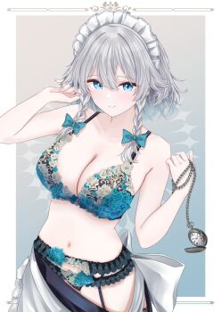  1girl apron apron_pull aqua_bow black_panties black_skirt blue_eyes border bow bra braid breasts chain cleavage clothes_pull commentary commentary_request double-parted_bangs english_commentary gradient_background grey_hair hair_bow hands_up highres holding holding_stopwatch izayoi_sakuya large_breasts lingerie looking_at_viewer maid_headdress medium_hair mixed-language_commentary multicolored_bra navel no_shirt outside_border panties sarasadou_dan skirt skirt_pull solo stomach stopwatch touhou twin_braids underwear waist_apron watch white_apron white_border 