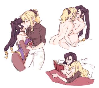  2girls aqua_eyes ass asymmetrical_bangs back bare_back bare_shoulders bed black_choker black_hair black_nails black_ribbon black_shirt blonde_hair blush book breasts brown_gloves brown_pantyhose choker cleavage closed_eyes closed_mouth clothed_female_nude_female collarbone collared_shirt completely_nude couple cross cross_earrings dashingicecream duplicate earrings elbow_gloves eyebrows_hidden_by_hair genshin_impact gloves hair_between_eyes hair_down hair_ribbon height_difference holding holding_book hug jean_(genshin_impact) jewelry kiss leotard long_hair long_sleeves lying medium_breasts mona_(genshin_impact) multiple_girls multiple_views nail_polish neck no_headwear non-web_source nude on_bed open_book pants pantyhose pixel-perfect_duplicate ponytail purple_leotard reading ribbon shirt sidelocks simple_background sitting sleeping sleeves_rolled_up smile standing star_(symbol) star_earrings straight_hair strapless strapless_leotard twintails very_long_hair wariza white_background white_pants yuri 