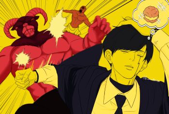  1boy bling-bang-bang-born_(creepy_nuts) centaur closed_eyes collared_shirt commentary_request cream_puff emphasis_lines facial_mark food hand_on_own_head highres hitting knata09660180 male_focus mash_burnedead mashle meme naoya_hitting_choso_without_looking_(meme) necktie punching robe scene_reference shirt simple_background speech_bubble taur thought_bubble twitter_username upper_body yellow_background yellow_theme 