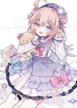  1girl :d ahoge blush bottle bow bow_skirt bowtie candy character_request choker copyright_request cowboy_shot double-parted_bangs double_bun food frilled_sailor_collar frilled_skirt frills hair_bun hair_ornament hairclip hashtag-only_commentary highres hisuiyasai long_hair long_sleeves looking_at_viewer o-ring o-ring_thigh_strap open_mouth parallel_hairclips pink_hair purple_eyes purple_sailor_collar purple_skirt red_bow red_bowtie sailor_collar shirt simple_background skirt smile solo star-shaped_pupils star_(symbol) stuffed_animal stuffed_toy symbol-shaped_pupils teddy_bear thigh_strap twitter_username watermark white_background white_shirt wrapped_candy x_hair_ornament 