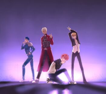  4boys archer_(fate) armor bad_tag blonde_hair blue_hair coat commentary_request cu_chulainn_(fate) cu_chulainn_(fate/stay_night) cu_chulainn_(lancer)_(fate) emilia_(re:zero) fate/stay_night fate_(series) gilgamesh_(fate) highres jacket korean_commentary male_focus multiple_boys parody red_coat red_hair song_yuzin white_hair 