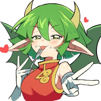  1girl blush breasts china_dress chinese_clothes closed_mouth draco_centauros dragon_girl dragon_horns dragon_wings dress elbow_gloves foreshortening fork gloves green_eyes green_hair heart holding holding_fork horns large_breasts large_ears looking_at_viewer pointy_ears puyopuyo red_dress shiro_srmsk simple_background sleeveless sleeveless_dress smile solo tongue tongue_out upper_body v white_background white_gloves wings 