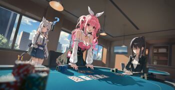  3girls :o ? ace_(playing_card) ace_of_spades amase_chihiro animal_ear_hairband animal_ear_legwear animal_ears backlighting bag bare_shoulders bell black_choker black_dress black_hair black_jacket black_necktie black_panties blue_eyes blunt_bangs blurry blurry_background blurry_foreground bow breasts brooch card cat-shaped_eyewear cat_ear_legwear cat_earrings cat_ears chain choker cleavage collared_shirt cropped_shirt day detached_sleeves dress earrings fake_animal_ears flower_hairtie game_cg gold_chain gradient_necktie gradient_tail grey_necktie grey_tail hairband hands_on_table heart heterochromia highleg highleg_panties highres hoshimiya_kana indoors jack_(playing_card) jack_of_hearts jacket jewelry large_breasts long_hair loose_necktie multicolored_dress multicolored_hair multiple_girls neck_bell necktie no_eyes non-web_source own_hands_together panties paw_print pink_dress pink_eyes pink_hair playing_card poker poker_chip poker_fate poker_table ponytail rabbit_ear_hairband rabbit_ears seven_of_hearts shaded_face shadow shirt shoulder_bag skindentation spade_(shape) standing star_brooch streaked_hair table tail tail_bow tail_ornament television ten_of_diamonds thighhighs twintails two_of_clubs underwear white_hair white_shirt white_sleeves white_tail white_thighhighs window yellow_bow yellow_eyes 