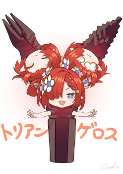  3girls absurdres arknights arknights:_endfield blue_eyes braid character_name closed_eyes closed_mouth commentary_request crossover flower hair_flower hair_ornament hair_over_one_eye highres honkai:_star_rail honkai_(series) looking_at_viewer multiple_girls open_mouth pointy_ears red_hair simple_background smile triaggelos_(arknights) trianne_(honkai:_star_rail) tribbie_(honkai:_star_rail) trinnon_(honkai:_star_rail) welt_(kinsei_koutenkyoku) white_background 
