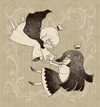  1boy 1girl :o barefoot blind_prince blindfold blunt_bangs cape closed_eyes coat crown eleanor_(ohmyeleanor) falling flower hime_cut holding holding_flower liar_princess long_hair long_sleeves monochrome open_mouth puffy_short_sleeves puffy_sleeves sepia_background sharp_teeth short_hair short_sleeves smile striped_background teeth thick_eyebrows usotsuki_hime_to_moumoku_ouji wide_sleeves 