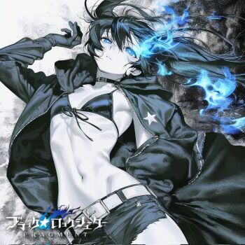  1girl bikini bikini_top_only black_rock_shooter black_rock_shooter_(character) black_shorts flaming_eye glowing glowing_eye hashtag-only_commentary highres mato_thf no_shirt pale_skin scar shorts solo swimsuit twintails uneven_twintails 