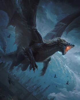  animal bird black_scales city claws cloud cloudy_sky dragon dragon_horns dragon_tail dragon_wings eragon fantasy flying grey_sky highres horns joshua_raphael night no_humans open_mouth outdoors scales second-party_source sharp_teeth shruikan_(eragon) sky spiked_tail tail teeth tongue wings 