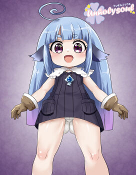 1girl animal_ears antenna_hair arms_at_sides black_dress blue_hair blush brown_gloves colored_tips dot_nose dress eyebrows_hidden_by_hair eyelashes feet_out_of_frame female_focus flat_chest from_below gloves gradient_hair ishuzoku_reviewers loli long_hair looking_at_viewer looking_down multicolored_hair open_mouth panties pantyshot piltia purple_background purple_eyes purple_hair simple_background sleeveless sleeveless_dress smile solo standing thick_eyebrows two-tone_hair underwear unholysoul variant_set watermark white_panties