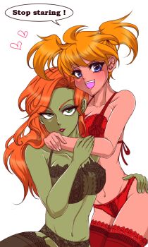  2girls bare_shoulders batman_(series) blonde_hair blue_eyes bra breasts cleavage colored_skin dc_comics female_focus garter_belt green_eyes green_skin harley_quinn large_breasts lingerie lipstick long_hair makeup midriff multiple_girls open_mouth orange_hair panties poison_ivy thighhighs twintails underwear yamaneko_tora 