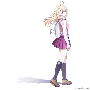  1girl ahoge akamatsu_kaede backpack bag black_socks blonde_hair breasts brown_shoes danganronpa_(series) danganronpa_v3:_killing_harmony fortissimo hair_ornament highres kimioharuka kneehighs large_breasts long_hair long_sleeves looking_at_viewer musical_note musical_note_hair_ornament pink_sweater_vest pleated_skirt shirt shoes simple_background skirt smile socks standing sweater_vest white_background white_bag white_shirt 