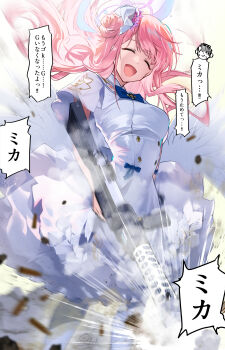  1girl :d angel_wings blue_archive breasts capelet commentary_request dress feathered_wings firing gradient_halo gun hair_bun halo highres hirai_yuzuki holding holding_gun holding_weapon lanchester_smg long_hair low_wings medium_breasts mika_(blue_archive) multicolored_halo open_mouth pink_hair pink_halo shell_casing single_side_bun smile smoke speech_bubble submachine_gun weapon white_capelet white_dress white_wings wings 