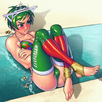  1girl 2021 :t barefoot bikini blue_eyes blush breasts breasts_squeezed_together canal cleavage collarbone colored_eyelashes crossed_arms crossed_legs daydiecast embarrassed ever_given_(evergreen) evergreen_marine_corporation excavator feet from_above full_body giant giantess green_hair green_legwear highres legs_up looking_away lying medium_breasts multicolored_bikini multicolored_bikini_top multicolored_legwear on_back outdoors parody partially_submerged personification pout red_legwear sand shiny_clothes shiny_legwear shiny_skin short_hair side-tie_bikini_bottom solo stirrup_legwear stuck suez_canal swimsuit tearing_up thick_eyebrows thighs toeless_legwear water wavy_mouth yellow_legwear  rating:Questionable score:37 user:Nanami